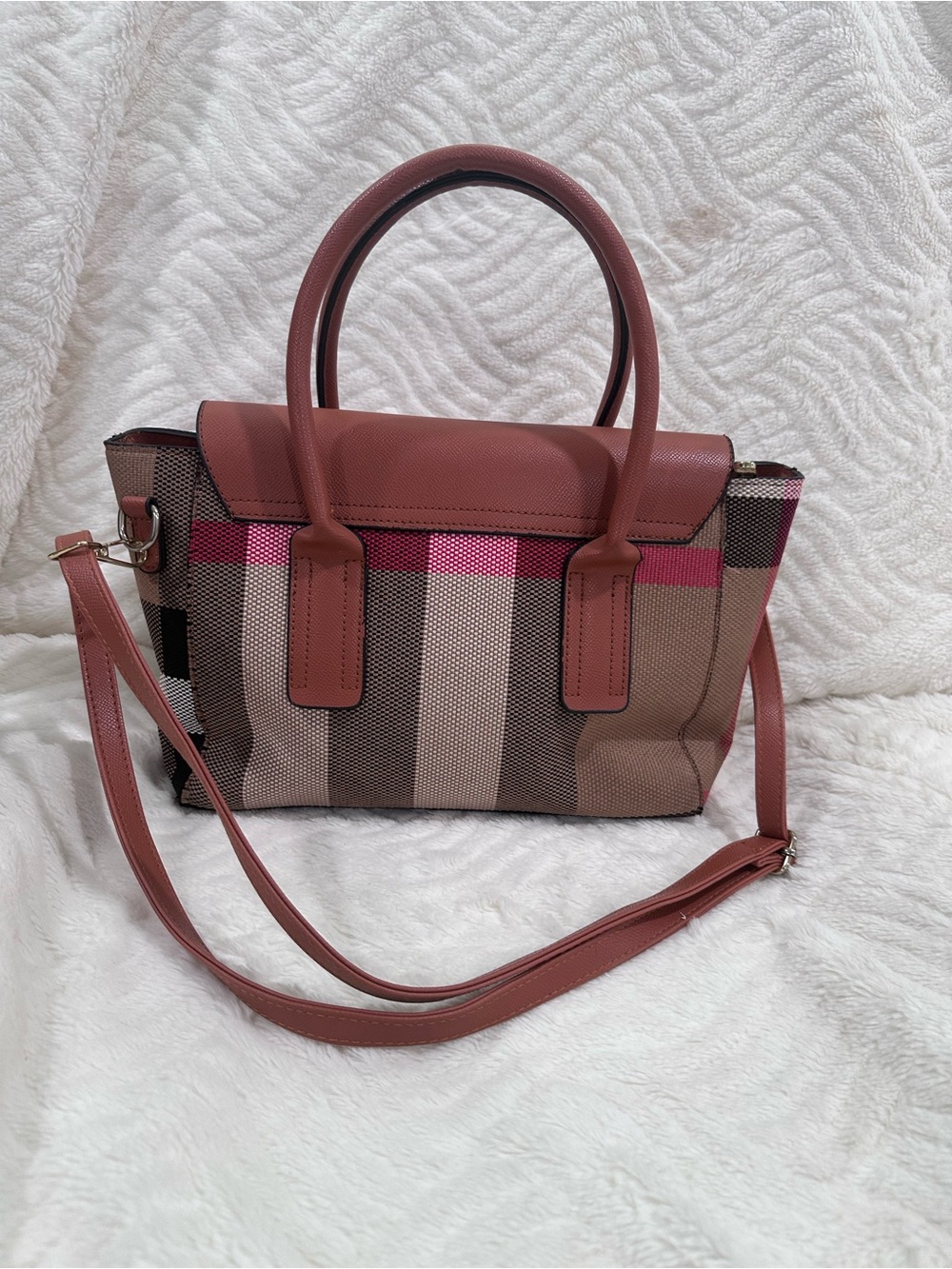 Burberry Brown Leather & Check Satchel with Top Handles - Picture 12 of 15